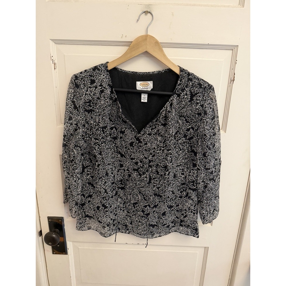 Talbots Vintage Women's Black Floral Pure Silk Blouse 3/4 Sleeves Size 14 Petite